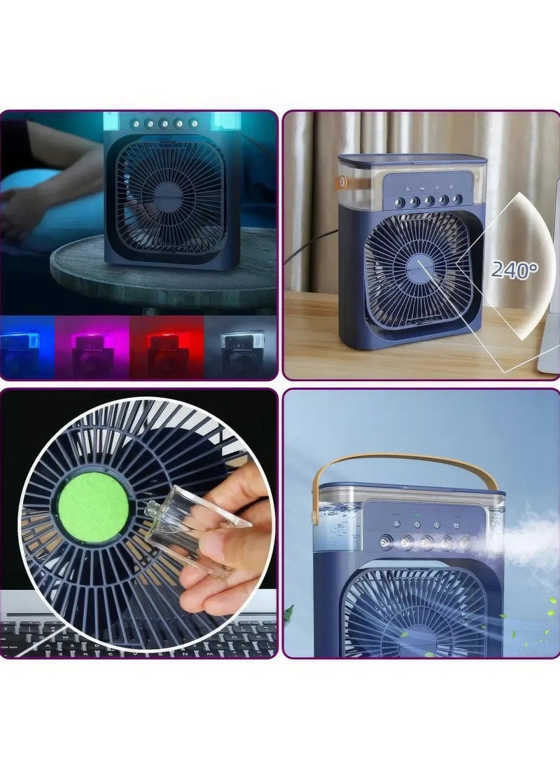 Portable Personal Mini Cooling Fan for Home with 3 Speed ​​Modes with Water Mist and 7 Color LED Light and Timer Mini USB Powered AC for Shop, Office, Kitchen, Blue