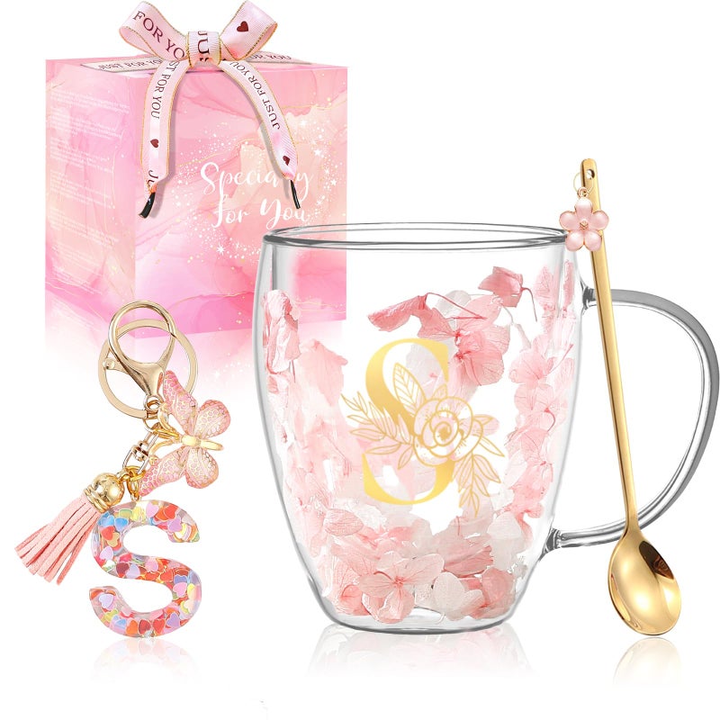 BigNoseDeer Gifts for Women Double Wall Flower Glass Coffee Mug Initial Glass Cup Personalized Monogrammed Birthday Wedding Christmas Graduation Valentine Mothers Day Gifts for Mom Wife Friends Coworker Bride S - Image 2