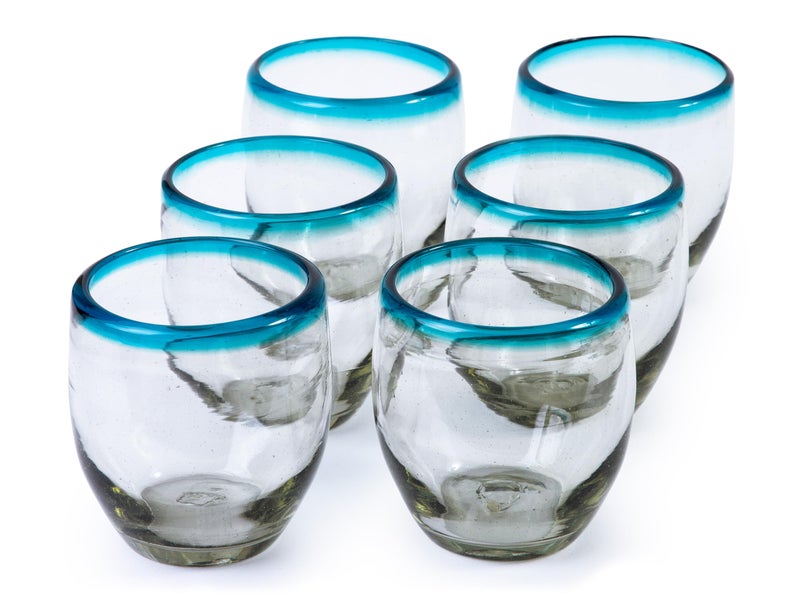 Handmade con Amor  9 oz Hand Blown Mexican Drinking Glasses  Set of 6 9 fl oz each Aqua Rim