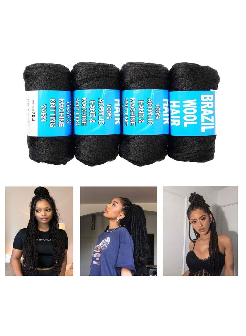 4 Pack Brazilian Wool Hair Yarns, Jumbo Braiding Wool Hair Yarns, Senegalese Wool Hair Attachment, Braids for Hair Knitting (Natural Black) - Image 1