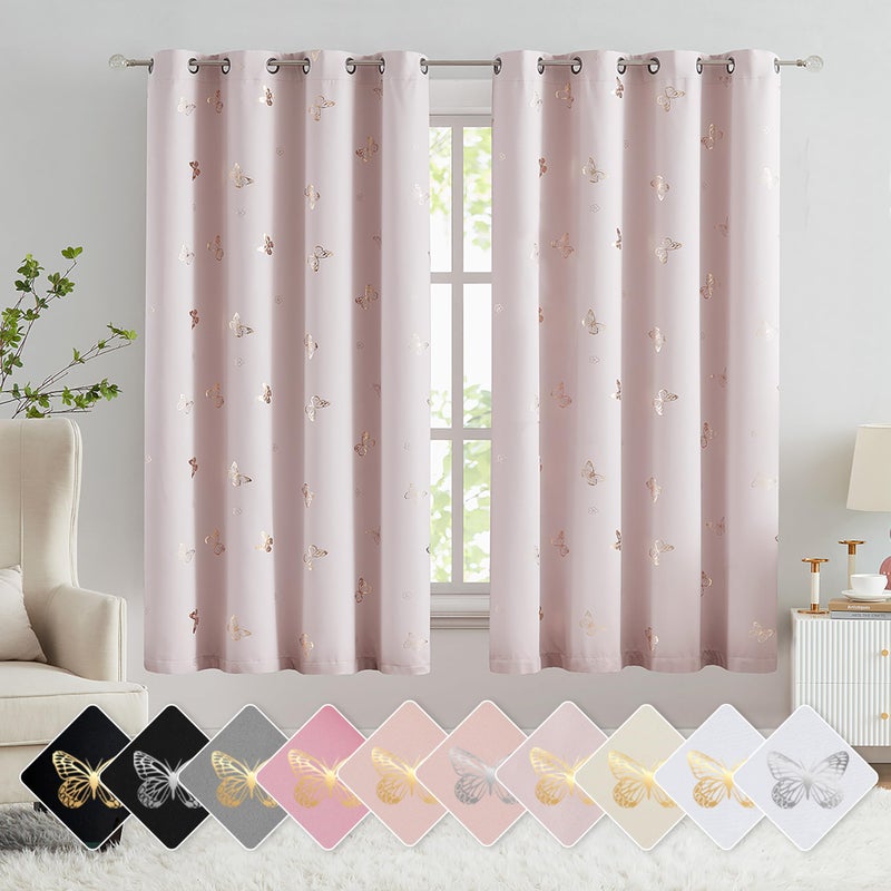 Jubilantex Lavender Pink Butterfly Blackout Curtains 2 Panels 54 Length for Baby Girls Nursery Bedroom Metallic Floral Print Room Darkening Drapes Grommet Window Treatment for Living Room