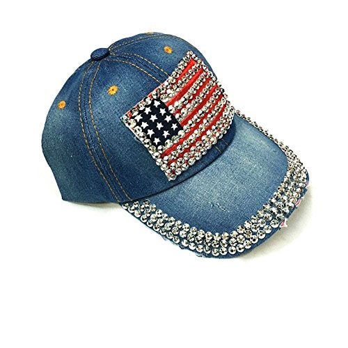 AISHNE Women American Flag Rhinestone Jeans Denim Baseball Adjustable Hat Blue - Image 1