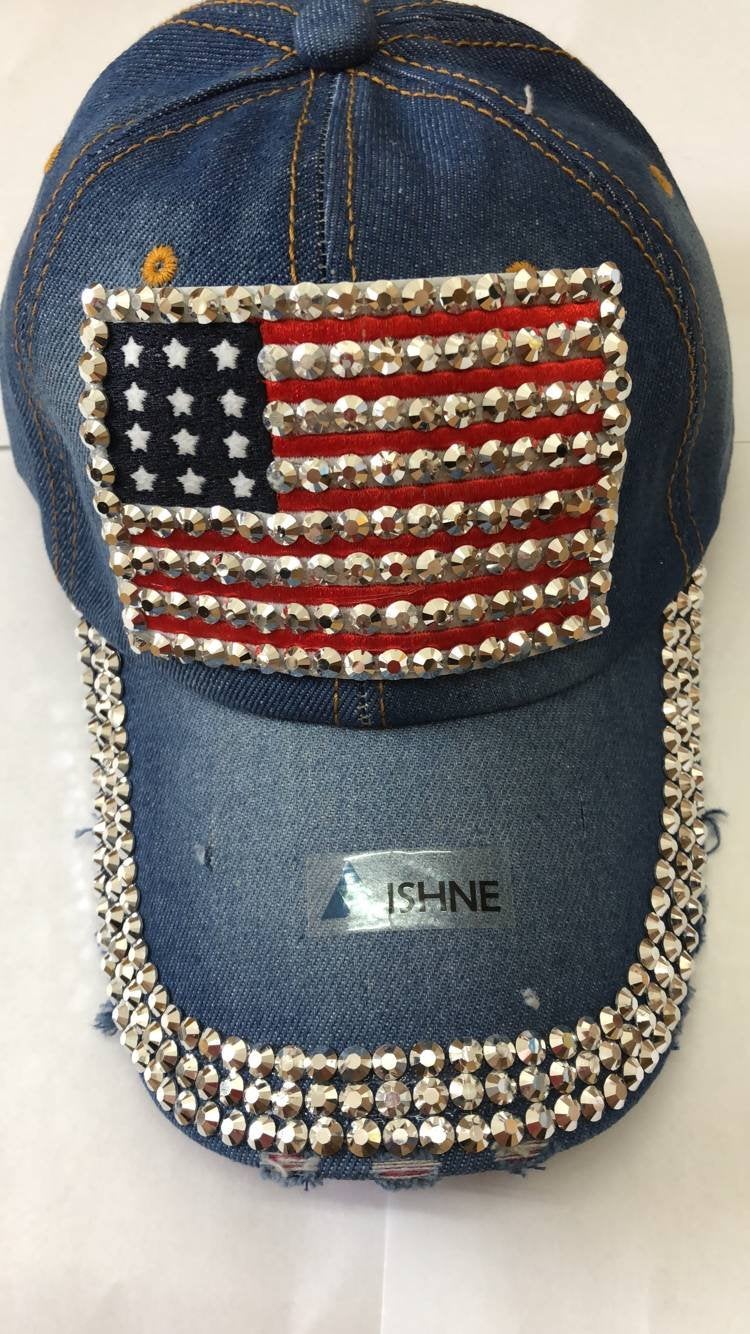 AISHNE Women American Flag Rhinestone Jeans Denim Baseball Adjustable Hat Blue - Image 5
