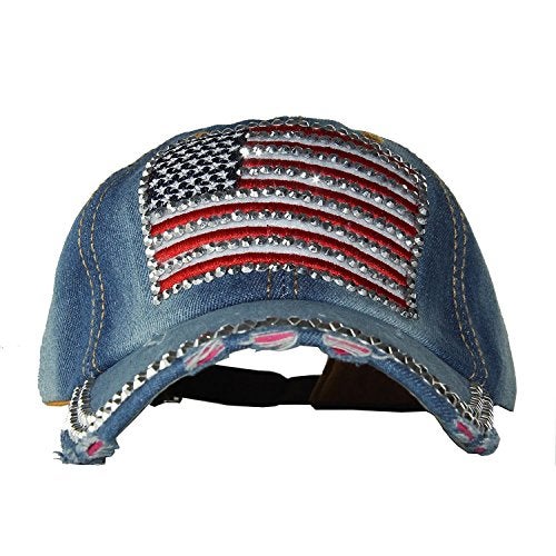 AISHNE Women American Flag Rhinestone Jeans Denim Baseball Adjustable Hat Blue - Image 2