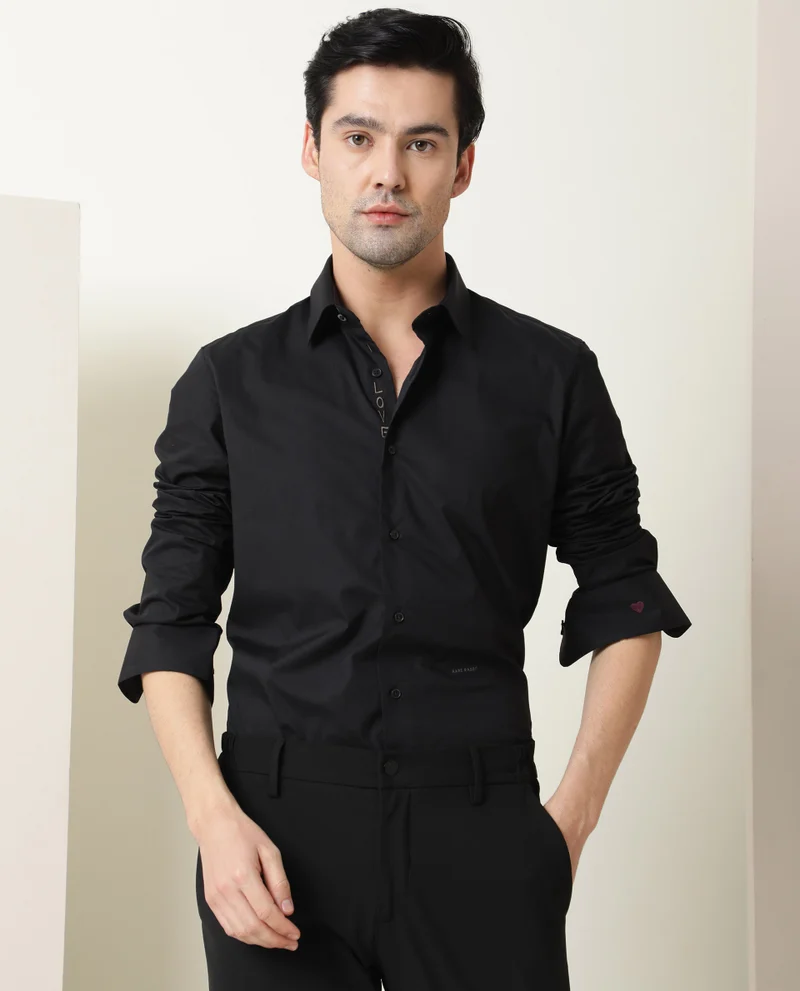 Rare Rabbit Rare Rabbit Men's I Love U Black Cotton Fabric Embroidered Full Sleeves Shirt