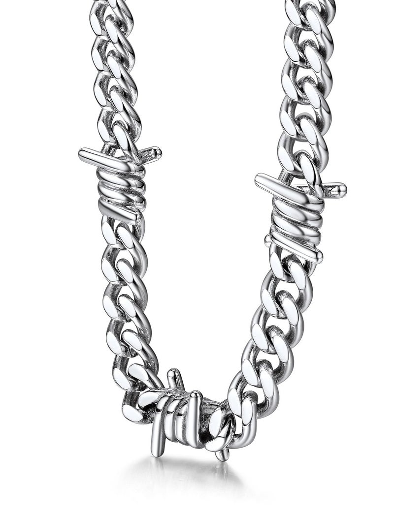 Bestyle Barbed Wire Necklace 9mm 16 Inch Silver Chain Mens Choker Necklace Punk Gothic Cuban Link Barbwire Chain Stainless Steel Necklaces Jewelry - Image 1
