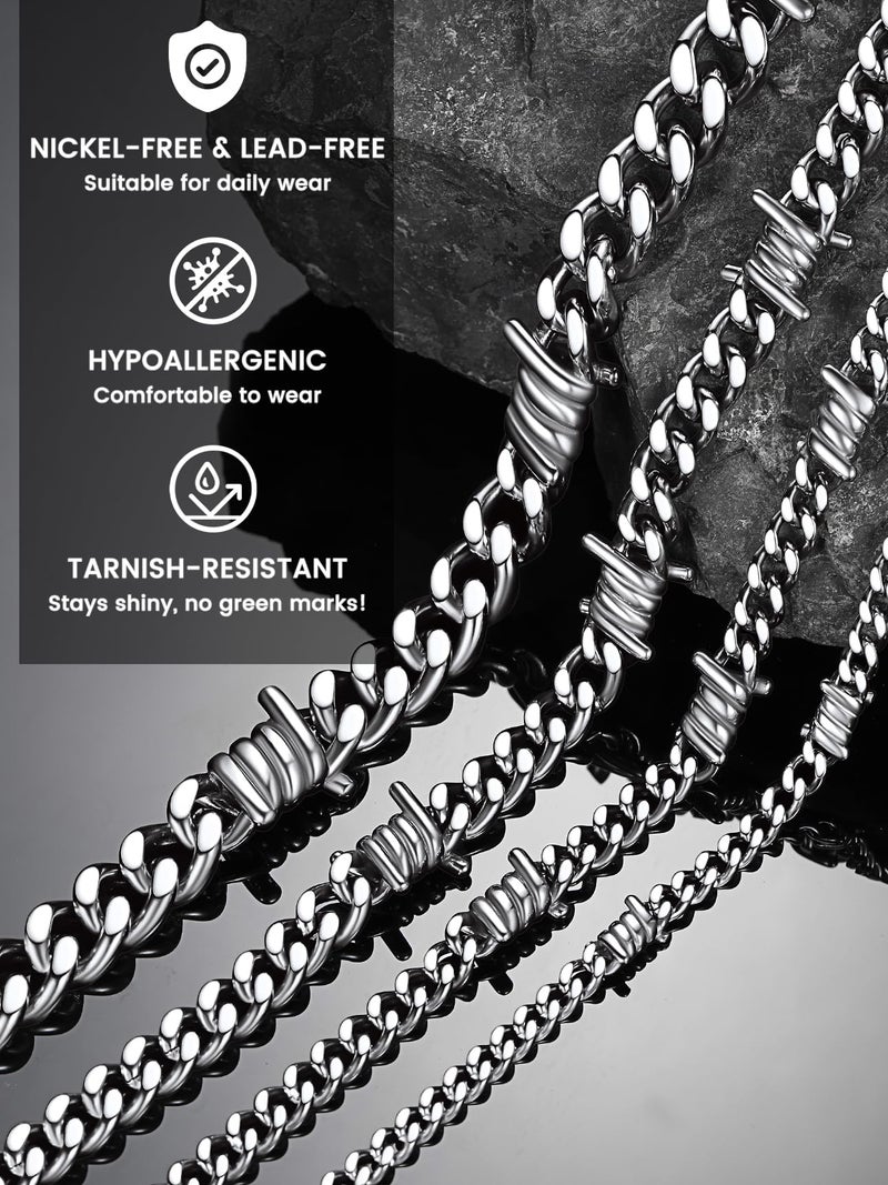Bestyle Barbed Wire Necklace 9mm 16 Inch Silver Chain Mens Choker Necklace Punk Gothic Cuban Link Barbwire Chain Stainless Steel Necklaces Jewelry - Image 2