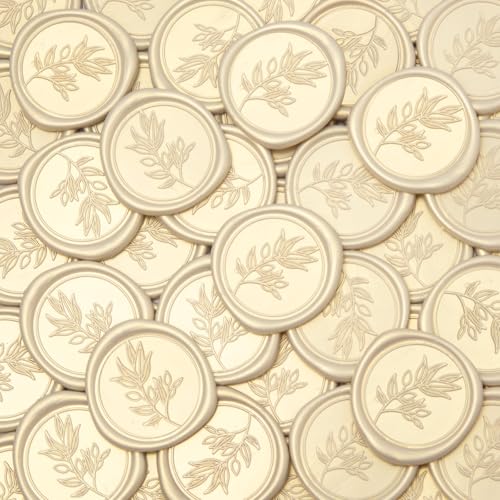 Pilloze 50Pcs Ivory White Self-Adhesive Wax Seal Stickers Wedding, Olive Branch Style Wax Seal Perfect for Wedding Invitation or Envelope Good Adhesion and Easy to Use - Image 1