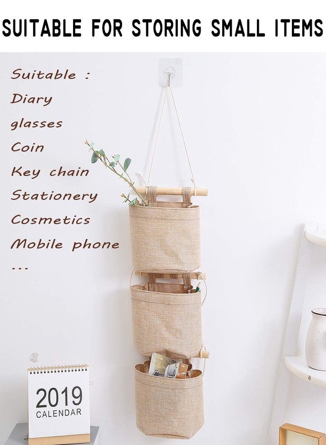 AARAINBOW 1 Pack Mini Cotton Linen Fabric Closet Detachable Foldable Washable Hanging Storage Bag with 3 Pockets Over The Wall Door Organizer for Room Bathroom (Khaki) - Image 3