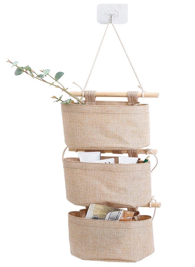 AARAINBOW 1 Pack Mini Cotton Linen Fabric Closet Detachable Foldable Washable Hanging Storage Bag with 3 Pockets Over The Wall Door Organizer for Room Bathroom (Khaki) - Image 1