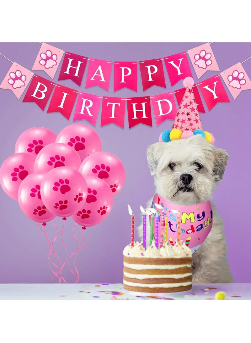 Dog Birthday Bandana Hat Set, Dog Birthday Hat Bandana Scarf Shining Dog Bow Tie Collar Dog Happy Birthday Banner and 10 Piece 12 Inch Paw Print Balloon with Tape for Dog Pet (Pink) - Image 1