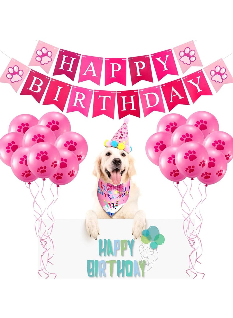 Dog Birthday Bandana Hat Set, Dog Birthday Hat Bandana Scarf Shining Dog Bow Tie Collar Dog Happy Birthday Banner and 10 Piece 12 Inch Paw Print Balloon with Tape for Dog Pet (Pink) - Image 2