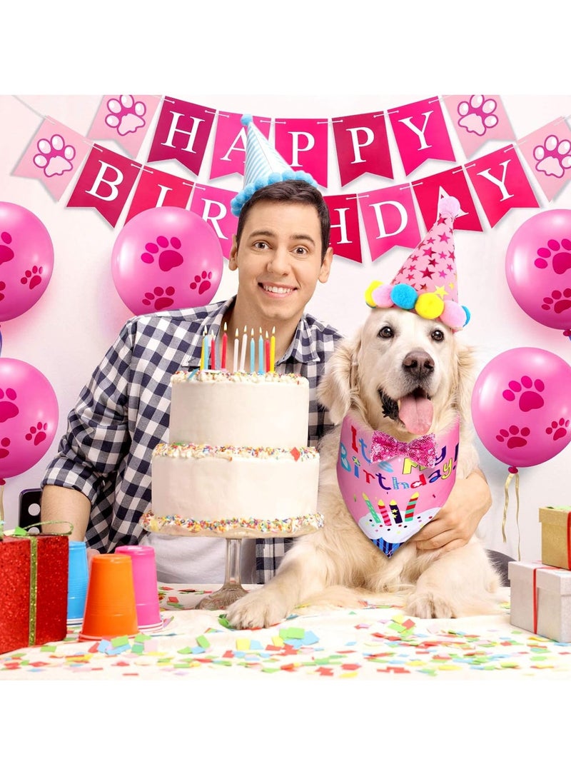 Dog Birthday Bandana Hat Set, Dog Birthday Hat Bandana Scarf Shining Dog Bow Tie Collar Dog Happy Birthday Banner and 10 Piece 12 Inch Paw Print Balloon with Tape for Dog Pet (Pink) - Image 3