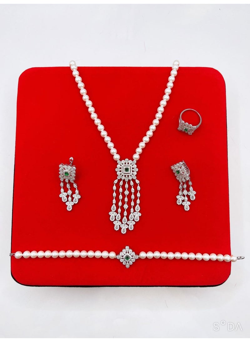 Armaaj S925 New Fashion Double Row Pearl Tassel Necklace Earing.4pcs  Women Wedding Full Zircon - Image 1