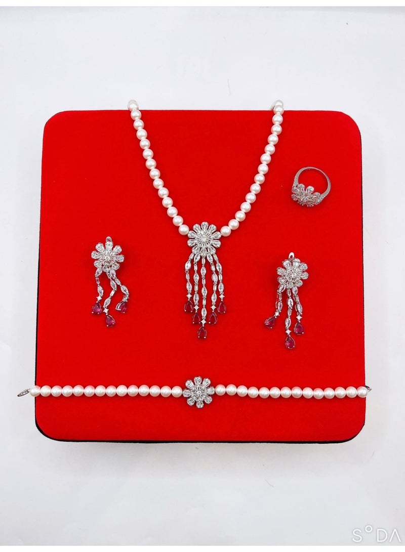 Armaaj S925 New Fashion Double Row Pearl Tassel Necklace Earing.4pcs  Women Wedding Full Zircon - Image 2