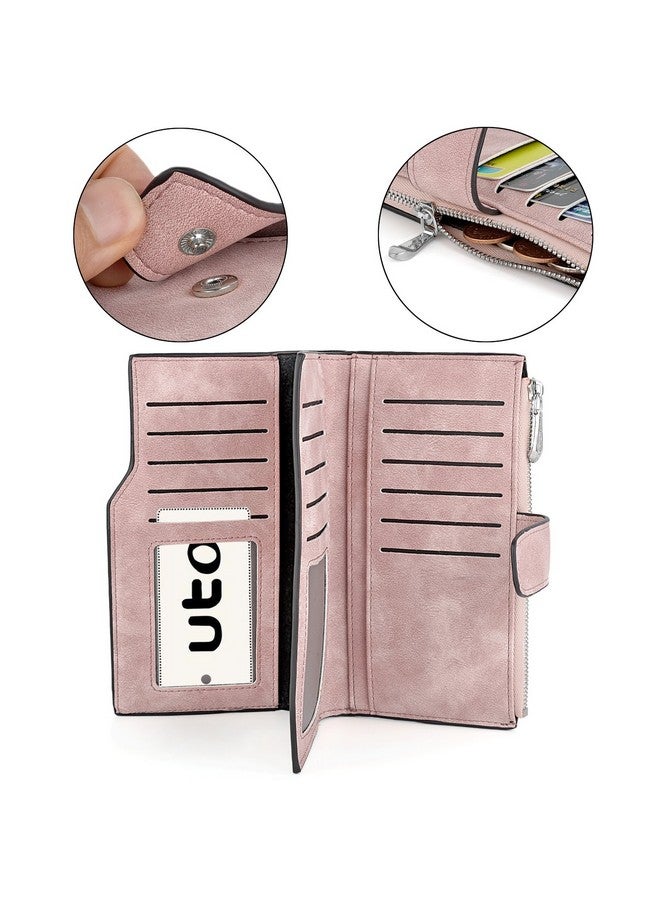 يو تي أوه محفظة Rfid للنساء من الجلد غير اللامع وحامل بطاقات منظم ومحفظة عملات معدنية بسحاب مع قفل كبس باللون الوردي - Image 3