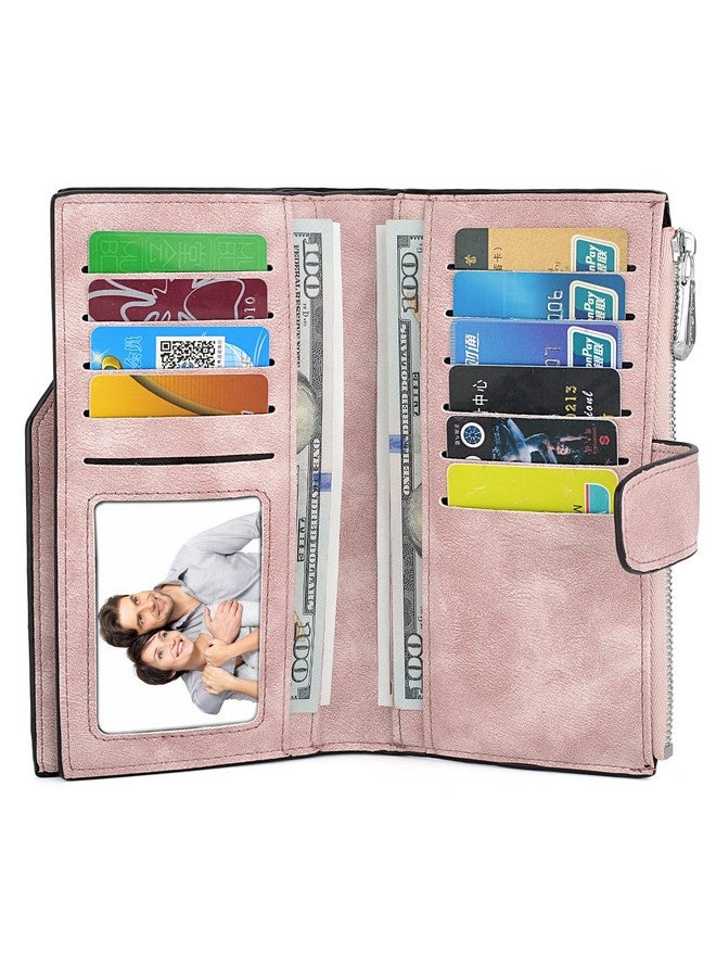 يو تي أوه محفظة Rfid للنساء من الجلد غير اللامع وحامل بطاقات منظم ومحفظة عملات معدنية بسحاب مع قفل كبس باللون الوردي - Image 2