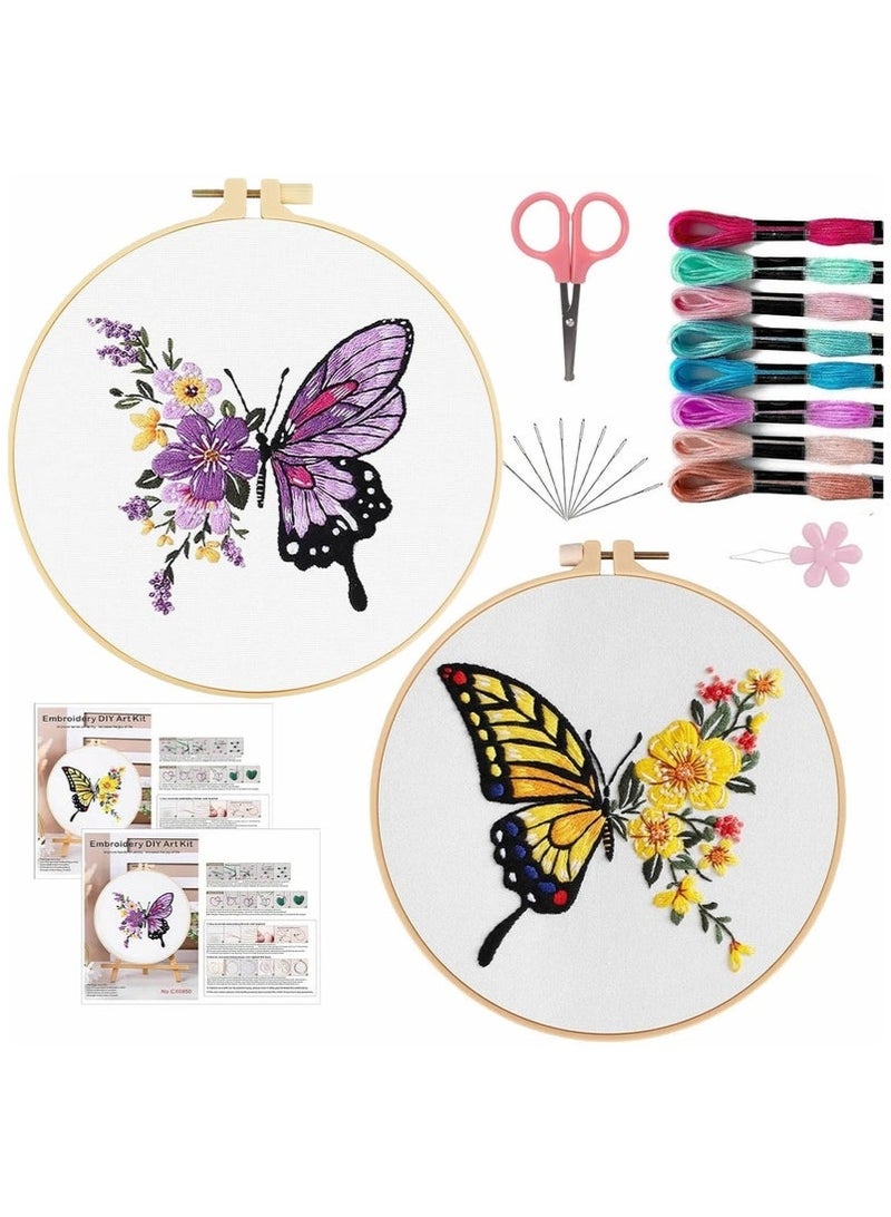 Generic 2 PCS Embroidery Kit for Beginners - Cross Stitch DIY Craft Set, Embroidery Accessories & Hoop Included, Hand Embroidery Kit for Adults Stitching Sewing Kit Gift | Butterfly Patterns  - Image 1