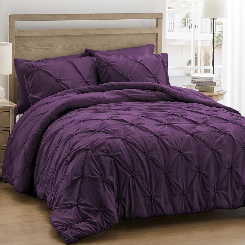 UNIKOME Queen Comforter Set Purple - Ultra Soft Boho Pintuck Down Alternative Bedding Set for All Seasons, 3 Pieces Lightweight Warm Pinch Pleat Bed Set with Comforter, 2 Pillowcases - Image 1