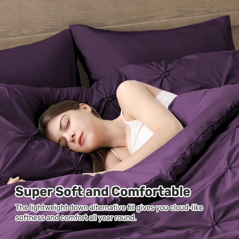 UNIKOME Queen Comforter Set Purple - Ultra Soft Boho Pintuck Down Alternative Bedding Set for All Seasons, 3 Pieces Lightweight Warm Pinch Pleat Bed Set with Comforter, 2 Pillowcases - Image 3