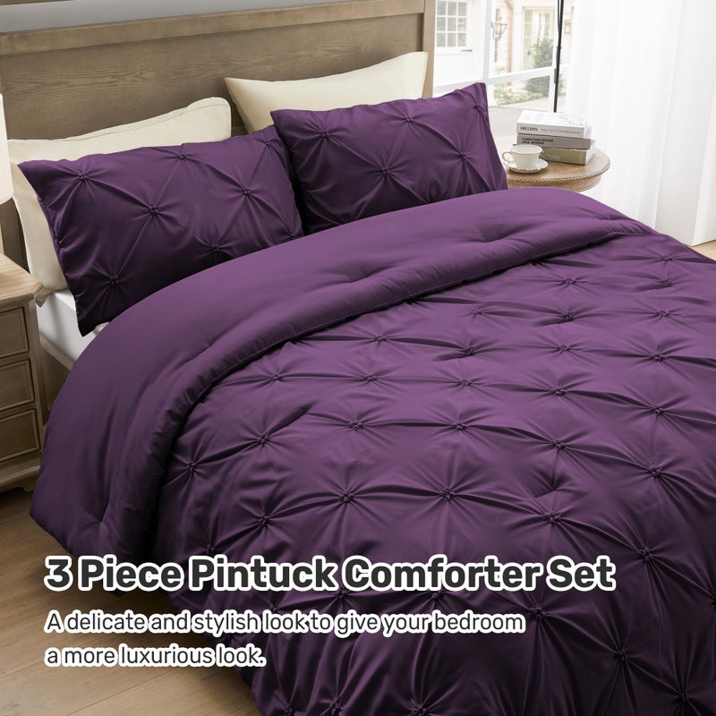 UNIKOME Queen Comforter Set Purple - Ultra Soft Boho Pintuck Down Alternative Bedding Set for All Seasons, 3 Pieces Lightweight Warm Pinch Pleat Bed Set with Comforter, 2 Pillowcases - Image 5