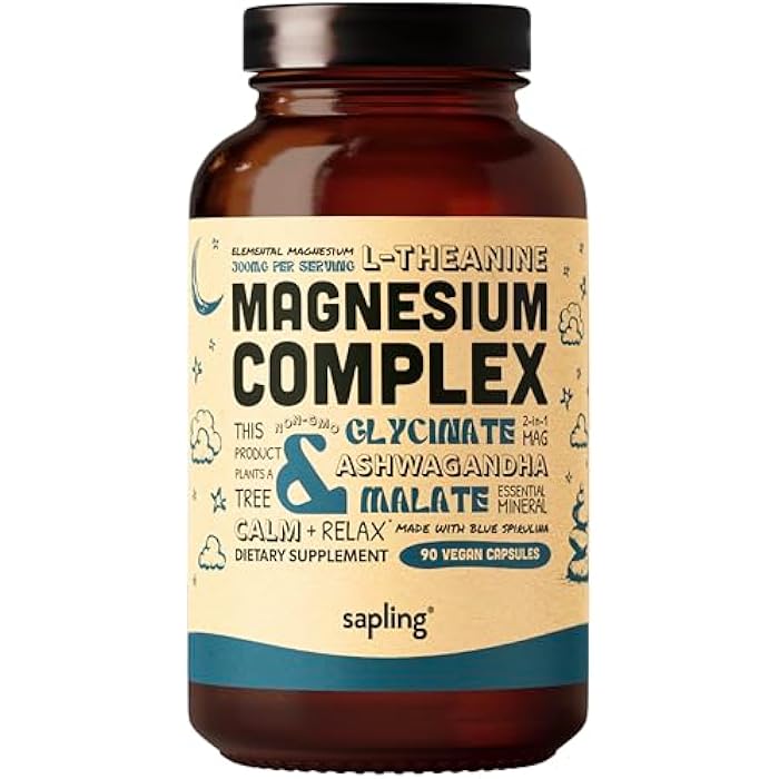sapling Magnesium Glycinate Complex Supplement - Chelated Magnesium Glycinate with Malate, Organic Ashwagandha, L-theanine & Blue Spirulina - High Absorption, Vegan, Non-GMO, 300mg, 90 Veggie Caps - Image 1