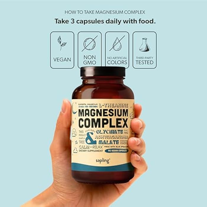 sapling Magnesium Glycinate Complex Supplement - Chelated Magnesium Glycinate with Malate, Organic Ashwagandha, L-theanine & Blue Spirulina - High Absorption, Vegan, Non-GMO, 300mg, 90 Veggie Caps - Image 4