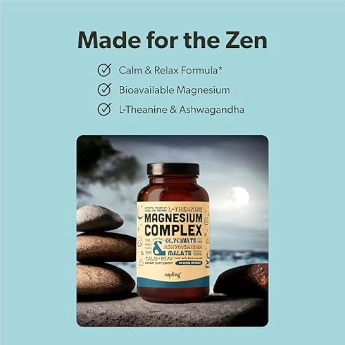 sapling Magnesium Glycinate Complex Supplement - Chelated Magnesium Glycinate with Malate, Organic Ashwagandha, L-theanine & Blue Spirulina - High Absorption, Vegan, Non-GMO, 300mg, 90 Veggie Caps - Image 2