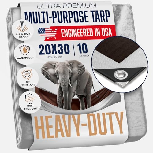KING-A-MA-JIGS 20x30 Heavy Duty Tarp, 10 Mil Thick, Waterproof, Tear & Fade Resistant, High Durability, UV Treated, Grommets Every 18 Inches. (Silver/Brown - Reversible) (20x30 Feet) - Image 1