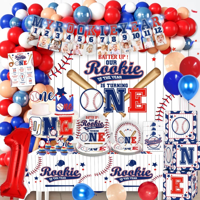 cocomigo Rookie of the Year First Birthday Decorations for Boys 200 Pcs Party Kit with Balloon Arch Backdrop Tableware Balloon Box Highchair Banner Rookie Year Themed Decor for 20 Guests - Image 2