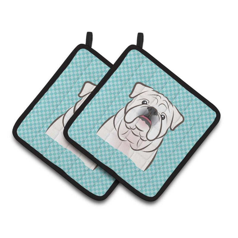 Caroline's Treasures ""Caroline's Treasures Checkerboard Blue White English Bulldog Pair of Pot Holders BB1158PTHD  7.5HX7.5W  Multicolor""