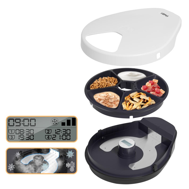 SAROSORA Cat Wet Food Automatic Feeder with Cooling, Semiconductor Refrigeration, with Timer, 5 Food Compartments for 330g Pet Food Each, Premium Meal Plates, Washable, for Cats (UBPET) - Image 1