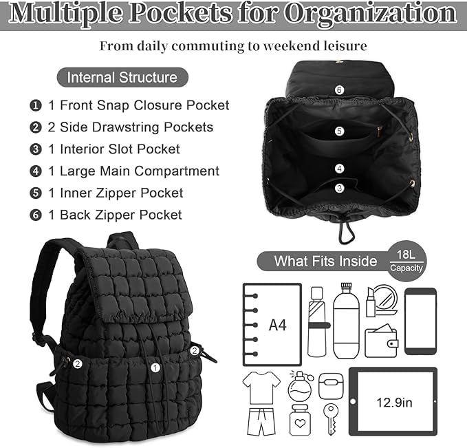 MOCA Quilted Puffer 18L Backpack, Nylon Puffy Casual Girls Womens Backpack With 2 Compartments, Lightweight Hiking Gym Daypack Preppy Travel Bag with Adjustable Top Flap Drawstring (Lilac Fog) - Image 5