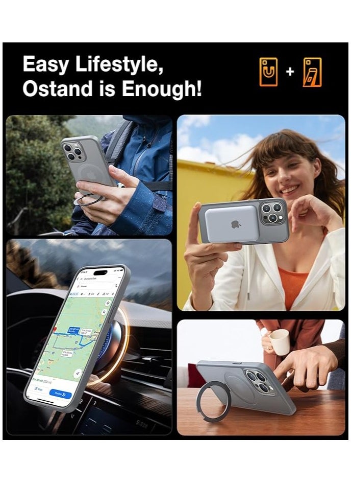 Magnetic Ostand for iPhone 15 Pro Max Case 6.7 inch, [Mil-Grade  Drop Tested][Compatible with MagSafe][Built in Kickstand] Translucent Slim Back Soft Edge, Frost Grey