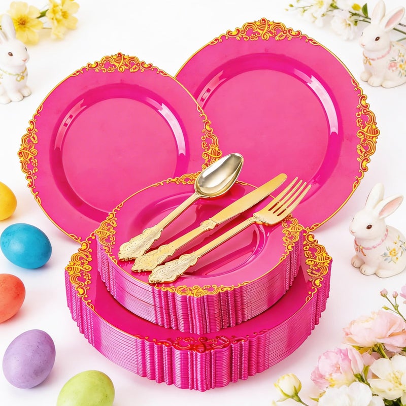 Joyido 125PCS Hot Pink Plastic Plates - Pink Disposable Plate - Elegant Easter Party Plates with Gold Plastic Silverware Sets for 25 Guests for Wedding & Birthday Party & Baby Shower & Easter - Image 1