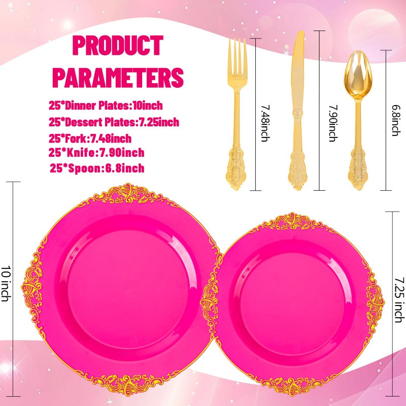Joyido 125PCS Hot Pink Plastic Plates - Pink Disposable Plate - Elegant Easter Party Plates with Gold Plastic Silverware Sets for 25 Guests for Wedding & Birthday Party & Baby Shower & Easter - Image 3