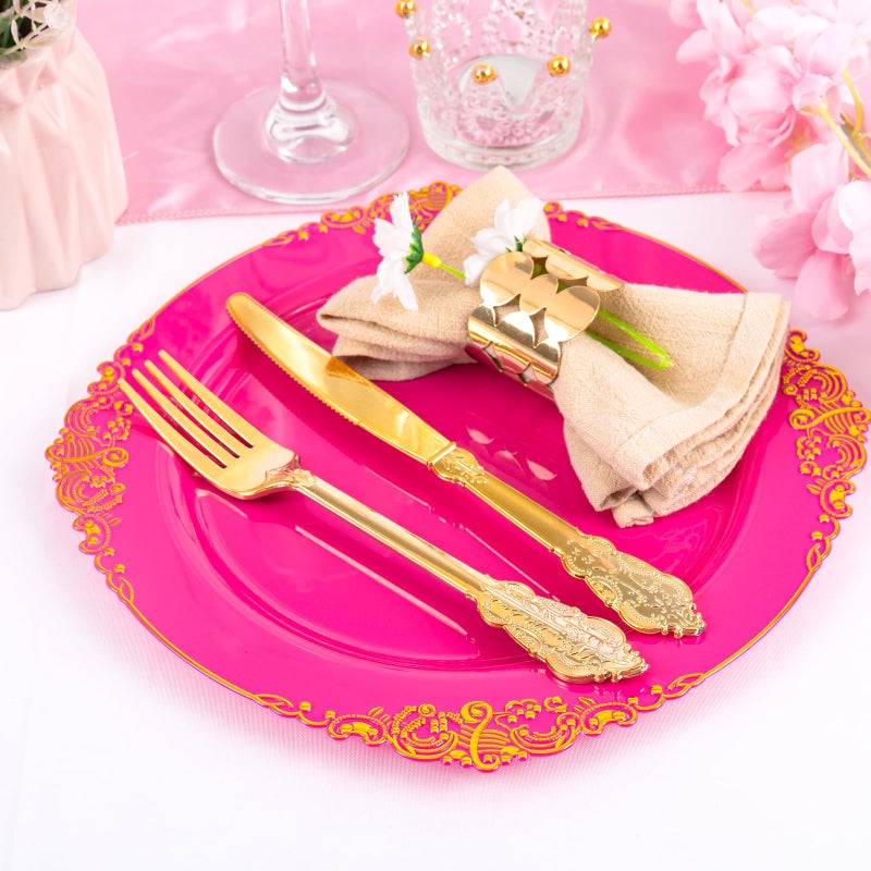 Joyido 125PCS Hot Pink Plastic Plates - Pink Disposable Plate - Elegant Easter Party Plates with Gold Plastic Silverware Sets for 25 Guests for Wedding & Birthday Party & Baby Shower & Easter - Image 2
