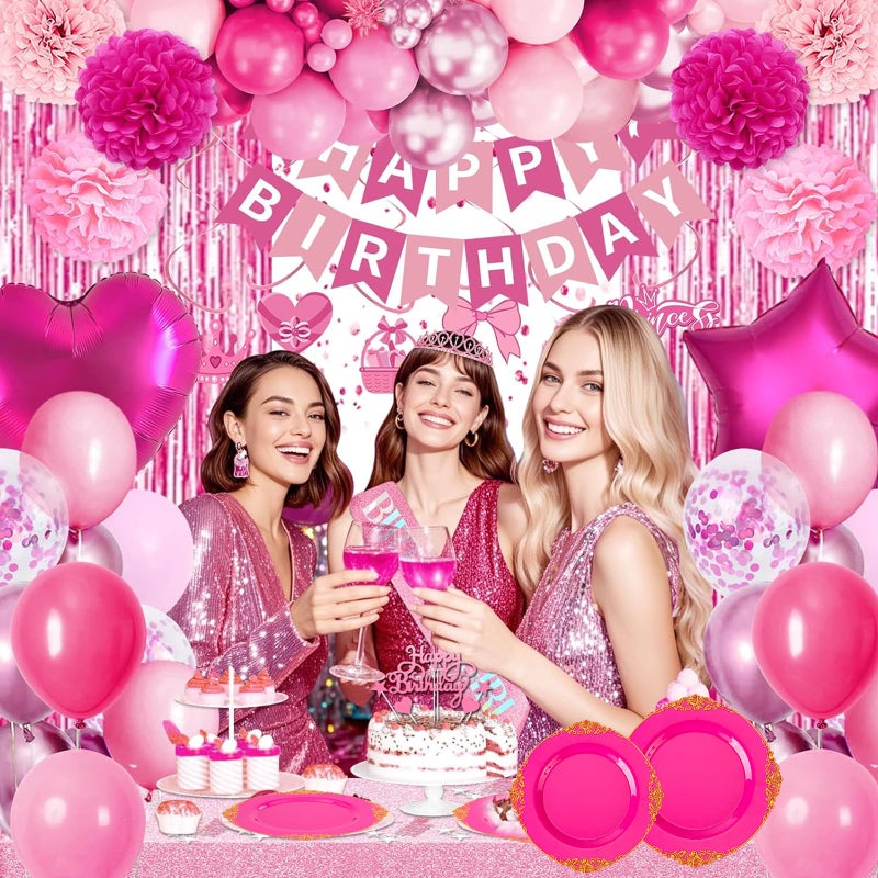 Joyido 125PCS Hot Pink Plastic Plates - Pink Disposable Plate - Elegant Easter Party Plates with Gold Plastic Silverware Sets for 25 Guests for Wedding & Birthday Party & Baby Shower & Easter - Image 5