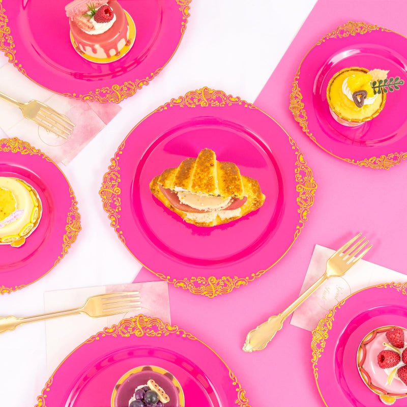 Joyido 125PCS Hot Pink Plastic Plates - Pink Disposable Plate - Elegant Easter Party Plates with Gold Plastic Silverware Sets for 25 Guests for Wedding & Birthday Party & Baby Shower & Easter - Image 4