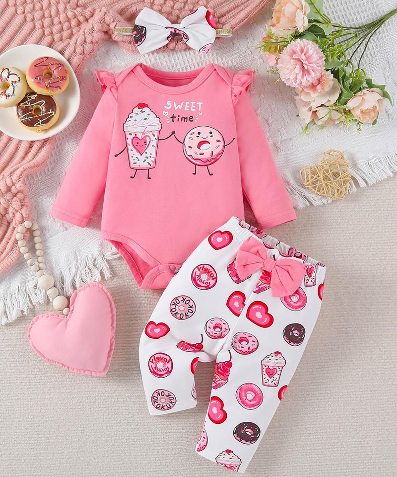Fullfamous Newborn Baby Girl Clothes Gifts Outfits Spring Fall Winter Long Sleeve Romper and Pant Set Newborn Pink Cake/Donut - Image 2