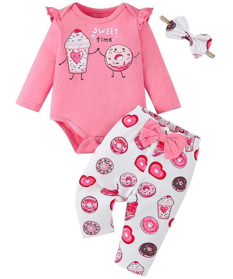 Fullfamous Newborn Baby Girl Clothes Gifts Outfits Spring Fall Winter Long Sleeve Romper and Pant Set Newborn Pink Cake/Donut - Image 1
