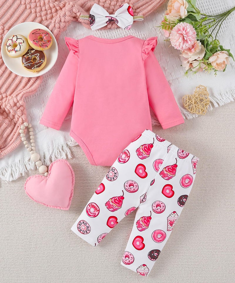 Fullfamous Newborn Baby Girl Clothes Gifts Outfits Spring Fall Winter Long Sleeve Romper and Pant Set Newborn Pink Cake/Donut - Image 3