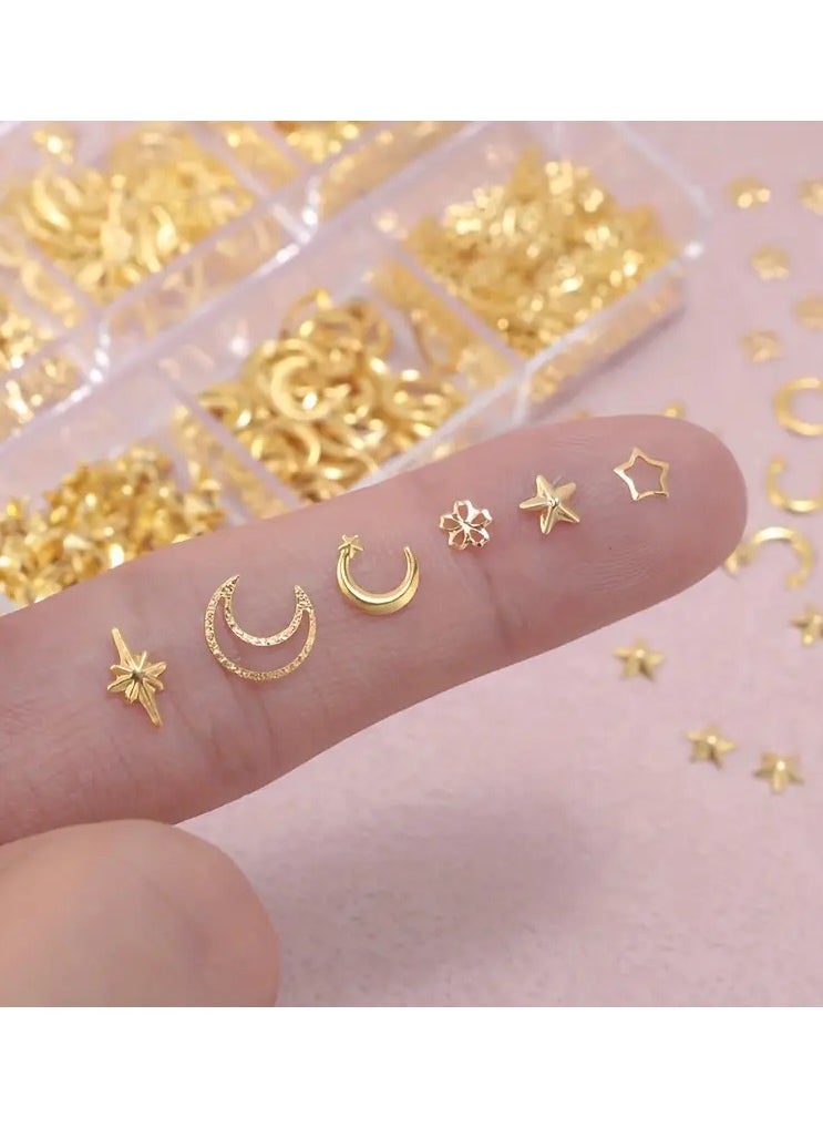 LANGMANNI - 550-Piece Hypoallergenic 3D Metal Nail Art Studs Set - Golden Charms, Moon, Star, and Flower Shapes for DIY Nail Decoration and Jewelry Crafting - Image 1