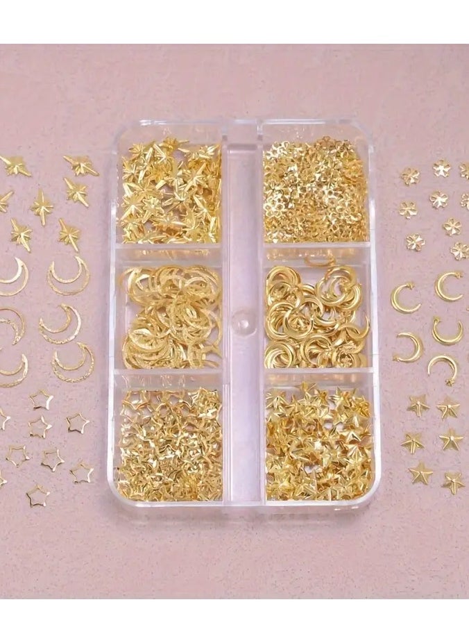 LANGMANNI - 550-Piece Hypoallergenic 3D Metal Nail Art Studs Set - Golden Charms, Moon, Star, and Flower Shapes for DIY Nail Decoration and Jewelry Crafting - Image 1