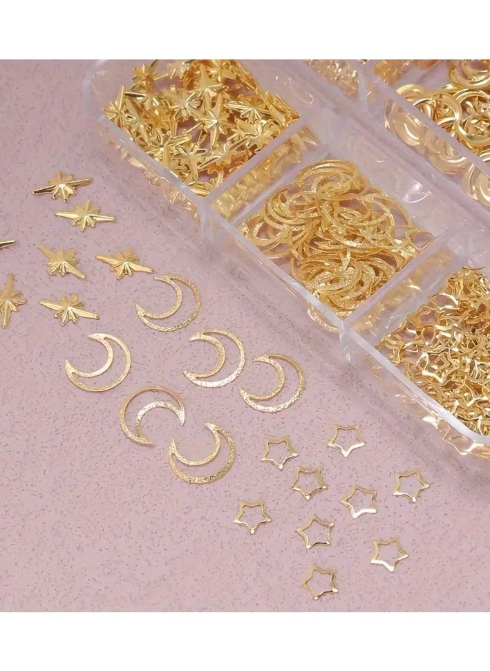 LANGMANNI - 550-Piece Hypoallergenic 3D Metal Nail Art Studs Set - Golden Charms, Moon, Star, and Flower Shapes for DIY Nail Decoration and Jewelry Crafting - Image 1