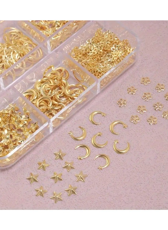 LANGMANNI - 550-Piece Hypoallergenic 3D Metal Nail Art Studs Set - Golden Charms, Moon, Star, and Flower Shapes for DIY Nail Decoration and Jewelry Crafting - Image 1
