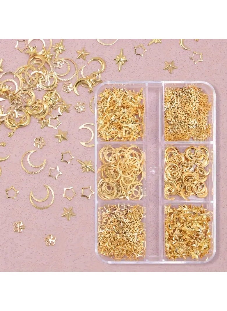 LANGMANNI - 550-Piece Hypoallergenic 3D Metal Nail Art Studs Set - Golden Charms, Moon, Star, and Flower Shapes for DIY Nail Decoration and Jewelry Crafting - Image 1