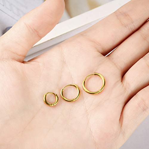 Vishoca Surgical Stainless Steel Thin Hoop Earrings 6mm/8mm/10mm Small Huggie Hoop Earrings for Women and Men (E: Gold (Diameter 6mm/8mm/10mm),3 Pairs) - Image 3