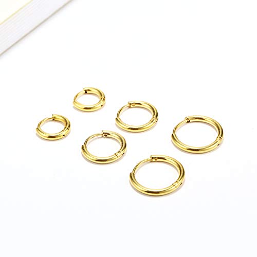 Vishoca Surgical Stainless Steel Thin Hoop Earrings 6mm/8mm/10mm Small Huggie Hoop Earrings for Women and Men (E: Gold (Diameter 6mm/8mm/10mm),3 Pairs) - Image 2