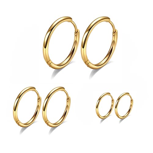 Vishoca Surgical Stainless Steel Thin Hoop Earrings 6mm/8mm/10mm Small Huggie Hoop Earrings for Women and Men (E: Gold (Diameter 6mm/8mm/10mm),3 Pairs) - Image 1